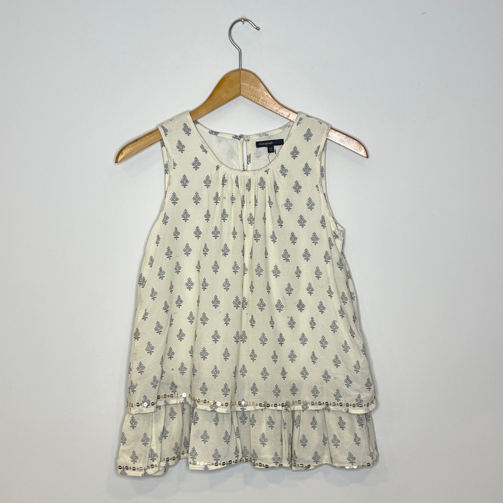 NWT. AUTOGRAPH Cream Blouse with blue/grey floral design & sequin detail